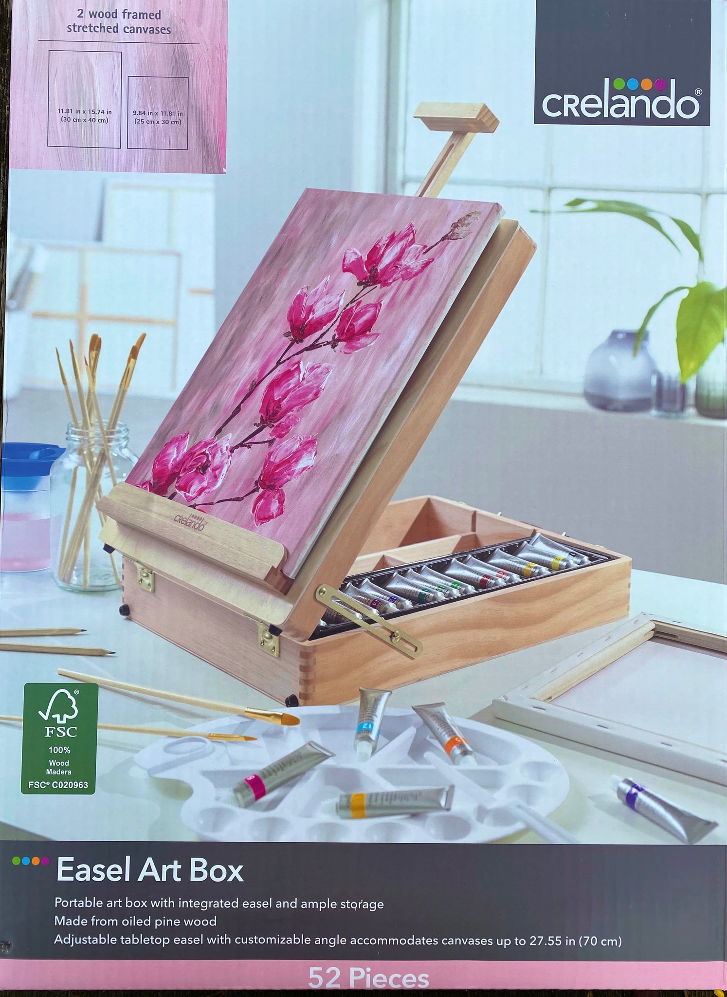 Limited Edition -52 Piece Art Wood Easel Art Box Set & 2 Paint