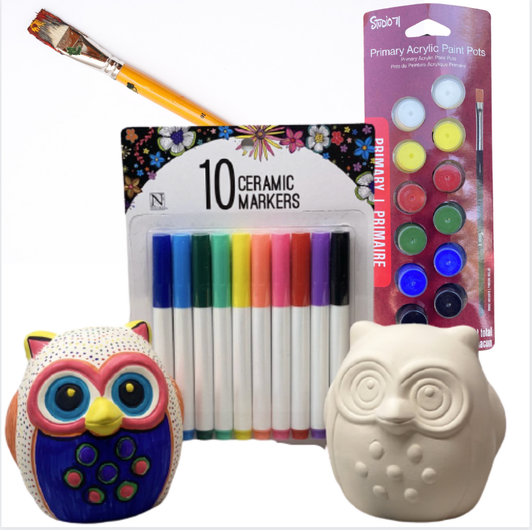 Ceramic Owl Set of 2 with Ceramic Markers, Paint and Brush- SHIPS PRIORITY